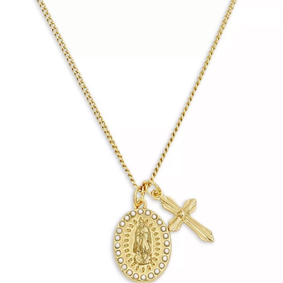 All Saints Jewelry - New With Tags! All Saints Gold Cross + Virgin Mary Medallion Adjustable Necklace